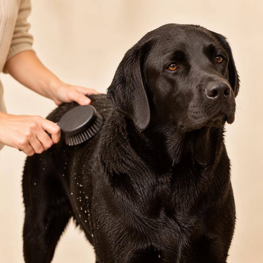 A black labrador being brushed