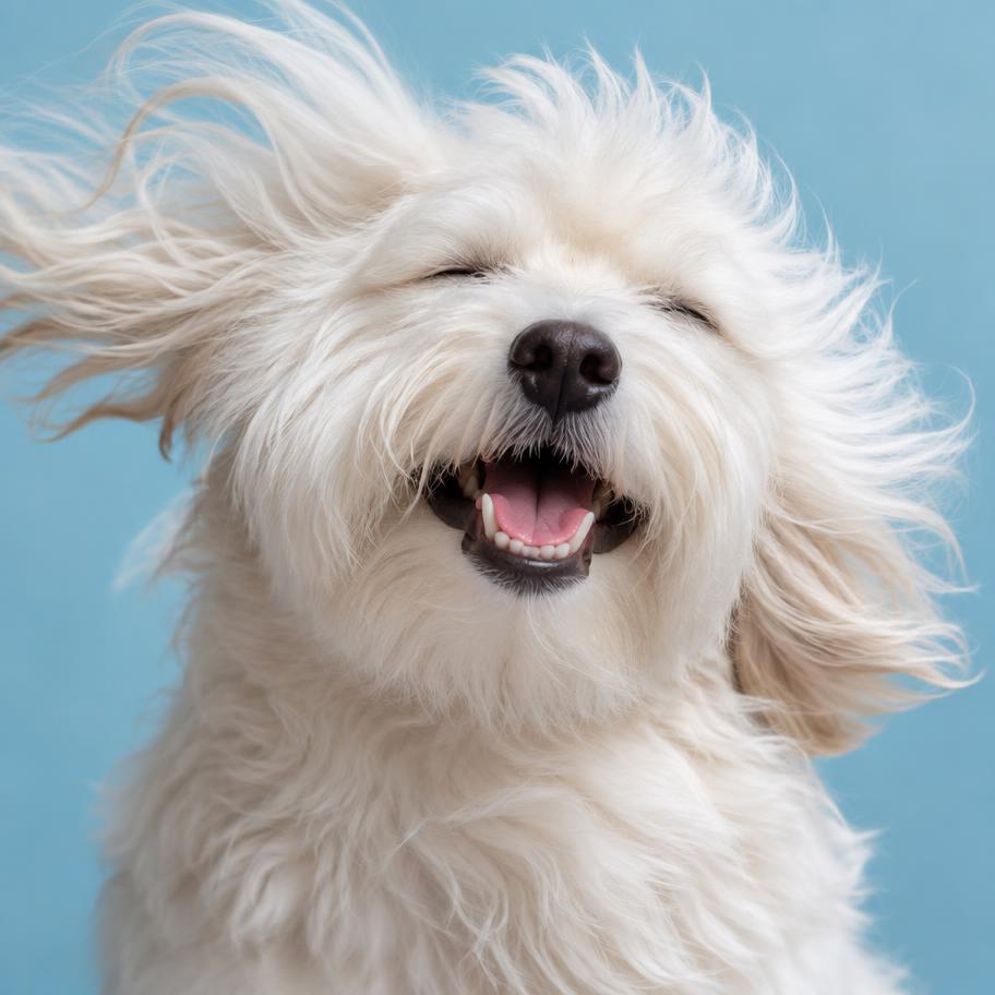 A freshly groomed fluffy white dog peeking in