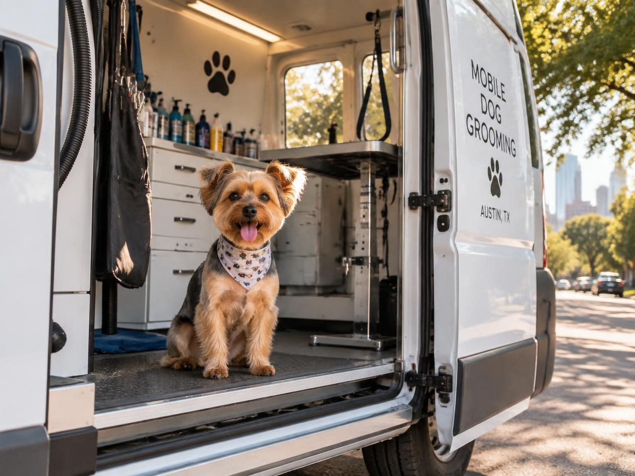 A freshly groomed terrier in the doorway of the grooming van